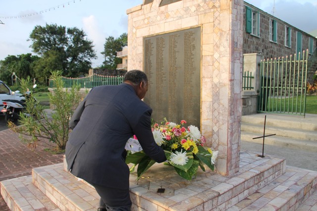 Premier of Nevis Hon. Vance Amory lays a wreath at the Christena Memorial on Hunkins Drive at the 46th annual Memorial Service of the MV Christena Disaster on August 01, 2016